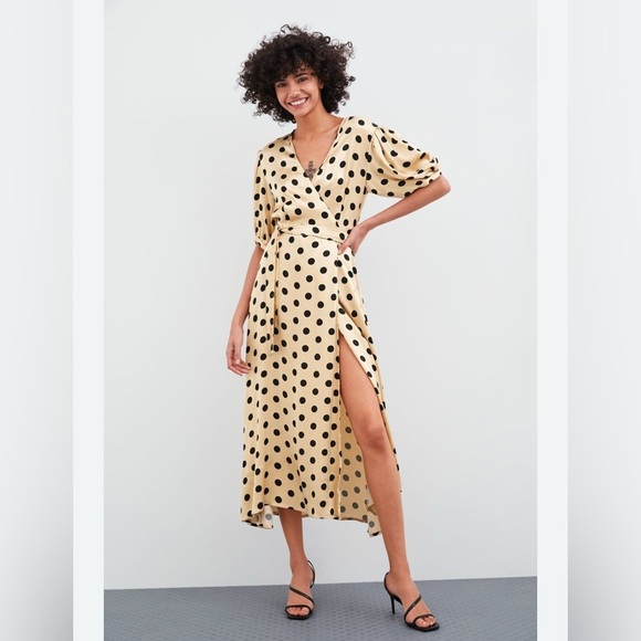 Zara Blogger Fave Gold Polka Dot satin Wrap Midi Dress  Small S Fall Minimalist - Picture 14 of 14